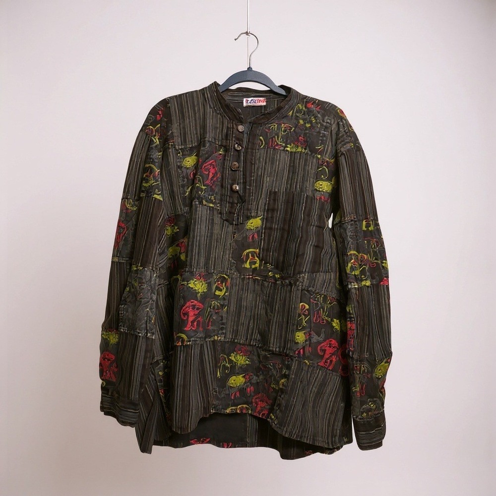EzHippie Patchwork Elephant Print Tunic Shirt Long Sleeve Button Up‎ XXL Nepal